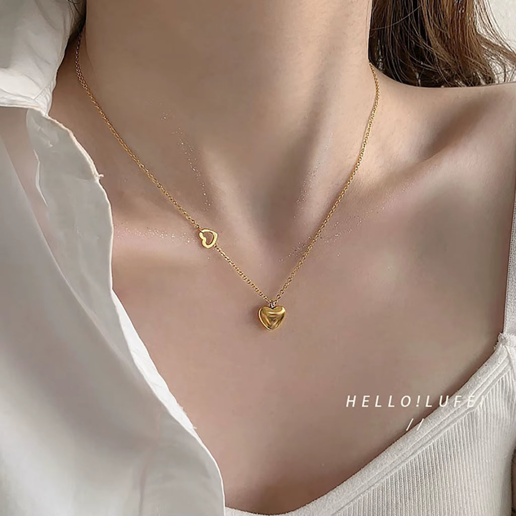 Cute 18K Gold Plated Stainless Steel Double Heart Pendant Necklace Women'S Love Pendant Necklace