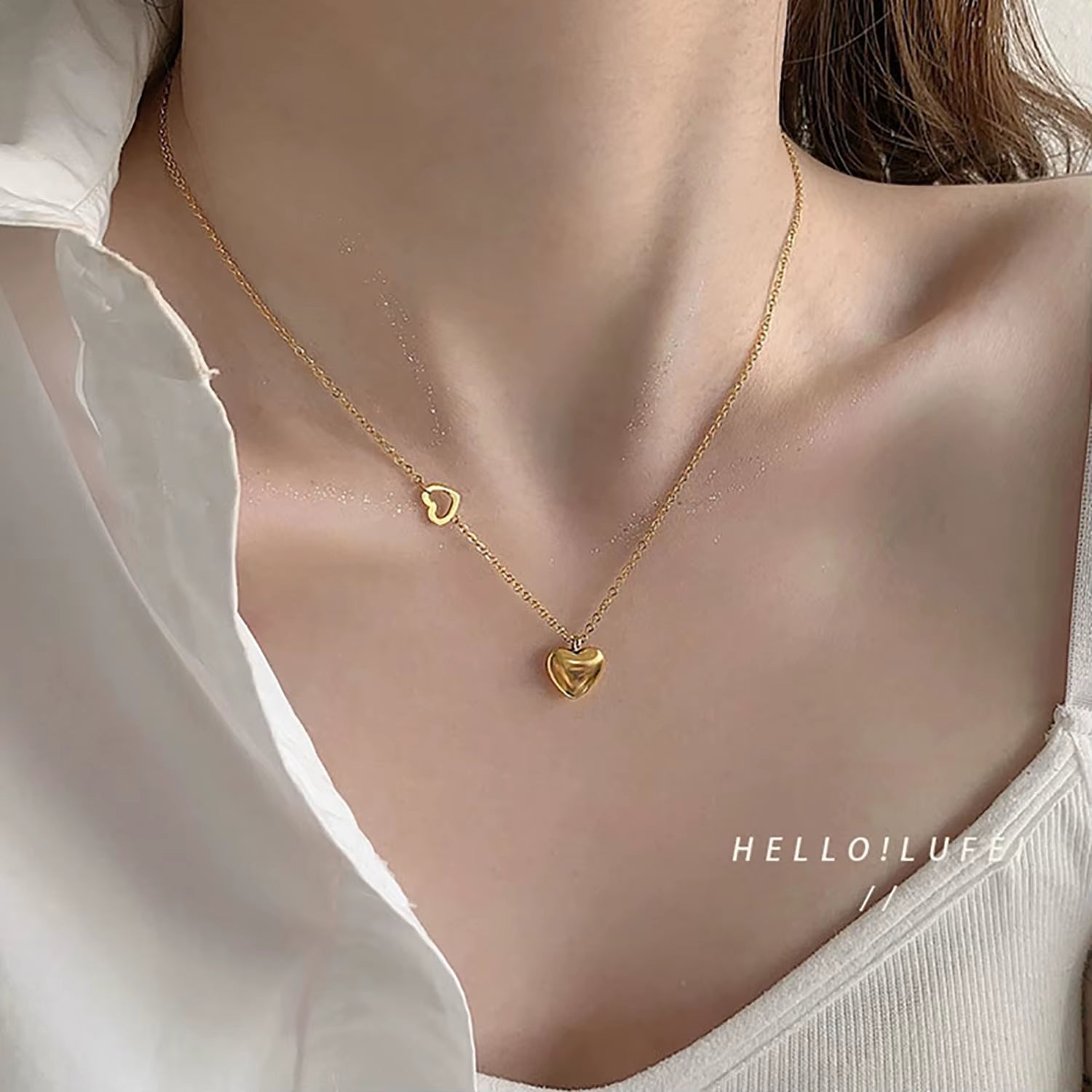 Cute 18K Gold Plated Stainless Steel Double Heart Pendant Necklace Women'S Love Pendant Necklace